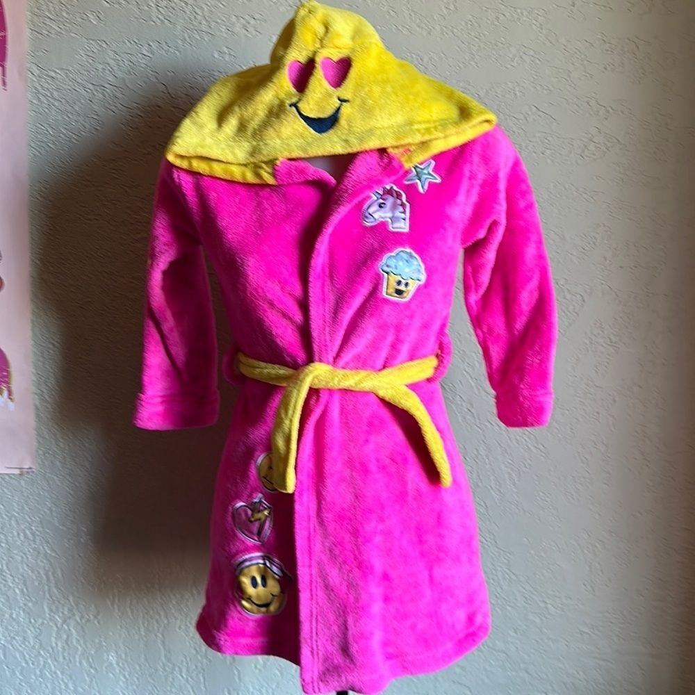 Emoji Nation Fleece Hooded Robe Pink Yellow Emoji Print Size Small Soft Cozy